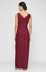 Petite Contour Long Sleeveless Sheath Gown with Surplice Neckline, Cascade Detail Skirt and Beaded Detail at Hip