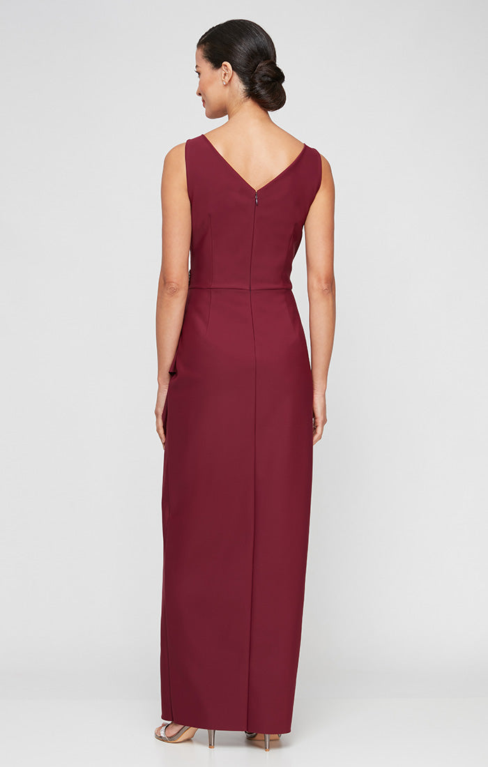 Petite Contour Long Sleeveless Sheath Gown with Surplice Neckline, Cascade Detail Skirt and Beaded Detail at Hip