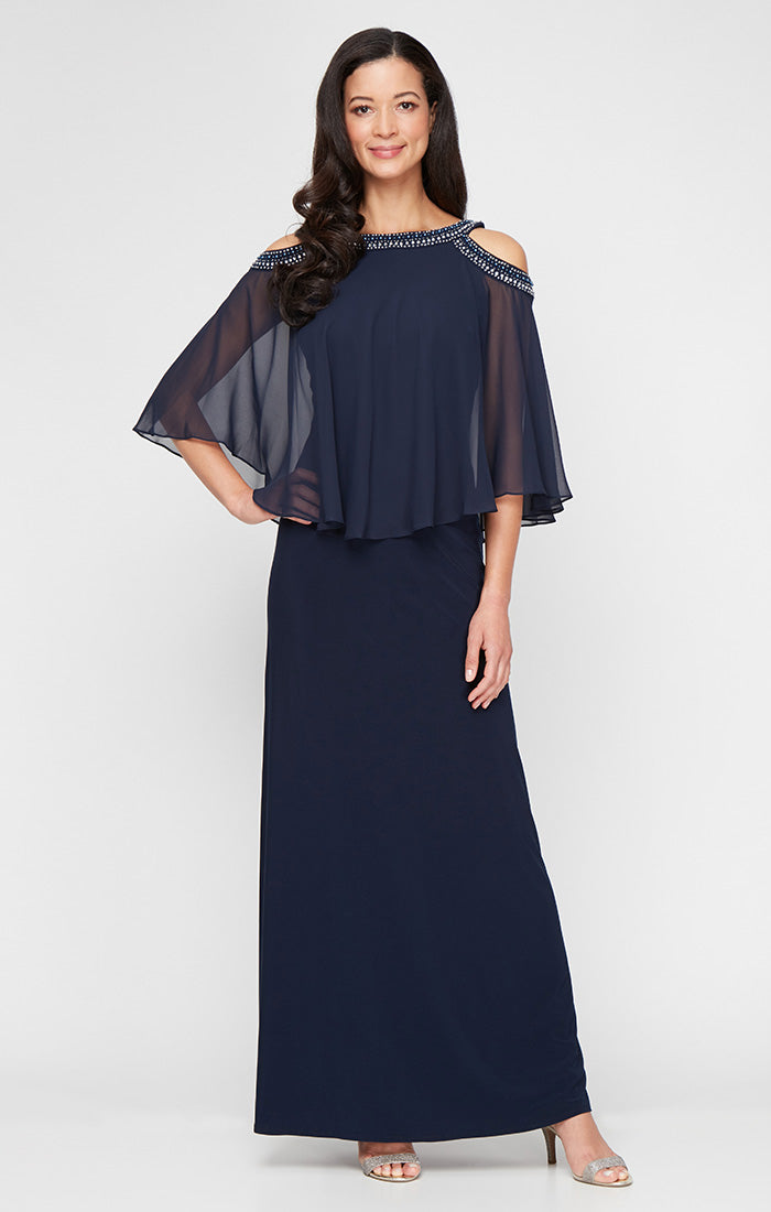 Cold Shoulder Popover Jersey & Chiffon Gown with Beaded Neckline