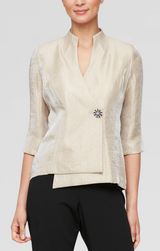 Petite 3/4 Sleeve Shimmer Satin Blouse with Asymmetric Overlay Hem and Embellished Closure