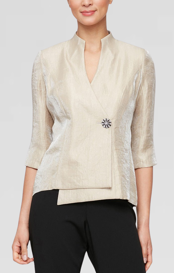Petite 3/4 Sleeve Shimmer Satin Blouse with Asymmetric Overlay Hem and Embellished Closure