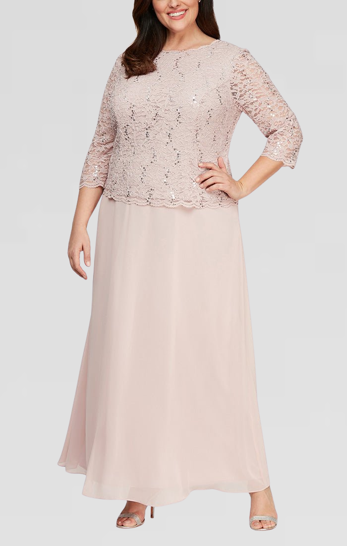 Plus Long Gown with Sequin Lace Bodice & Chiffon Skirt