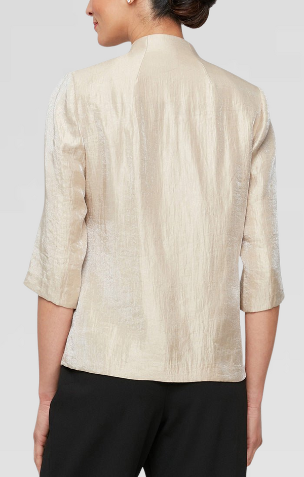 Petite 3/4 Sleeve Shimmer Satin Blouse with Asymmetric Overlay Hem and Embellished Closure