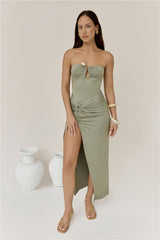 Heading Out Strapless Midi Dress Olive