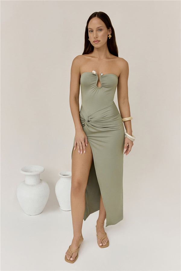 Heading Out Strapless Midi Dress Olive