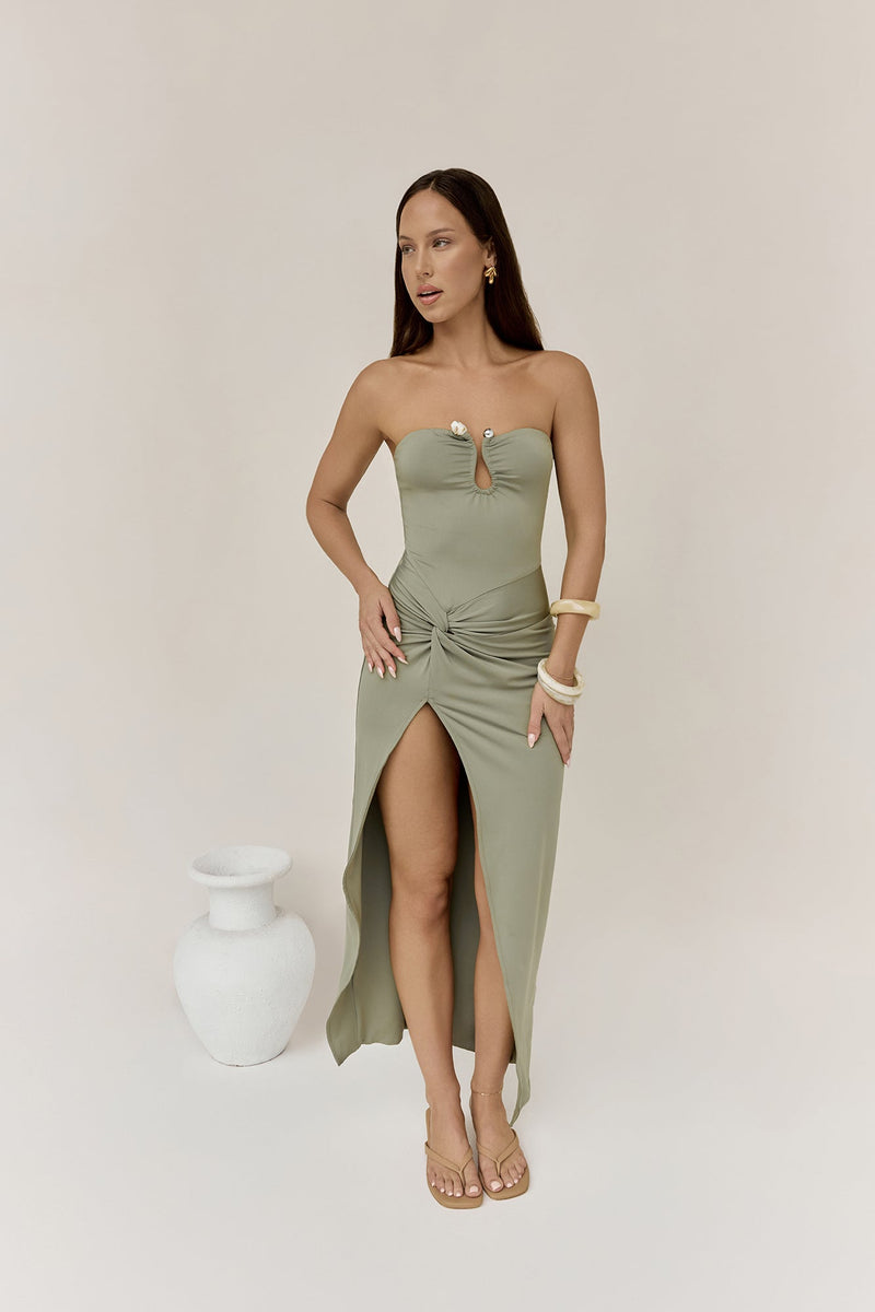 Heading Out Strapless Midi Dress Olive