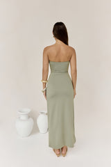 Heading Out Strapless Midi Dress Olive