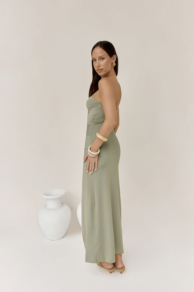Heading Out Strapless Midi Dress Olive