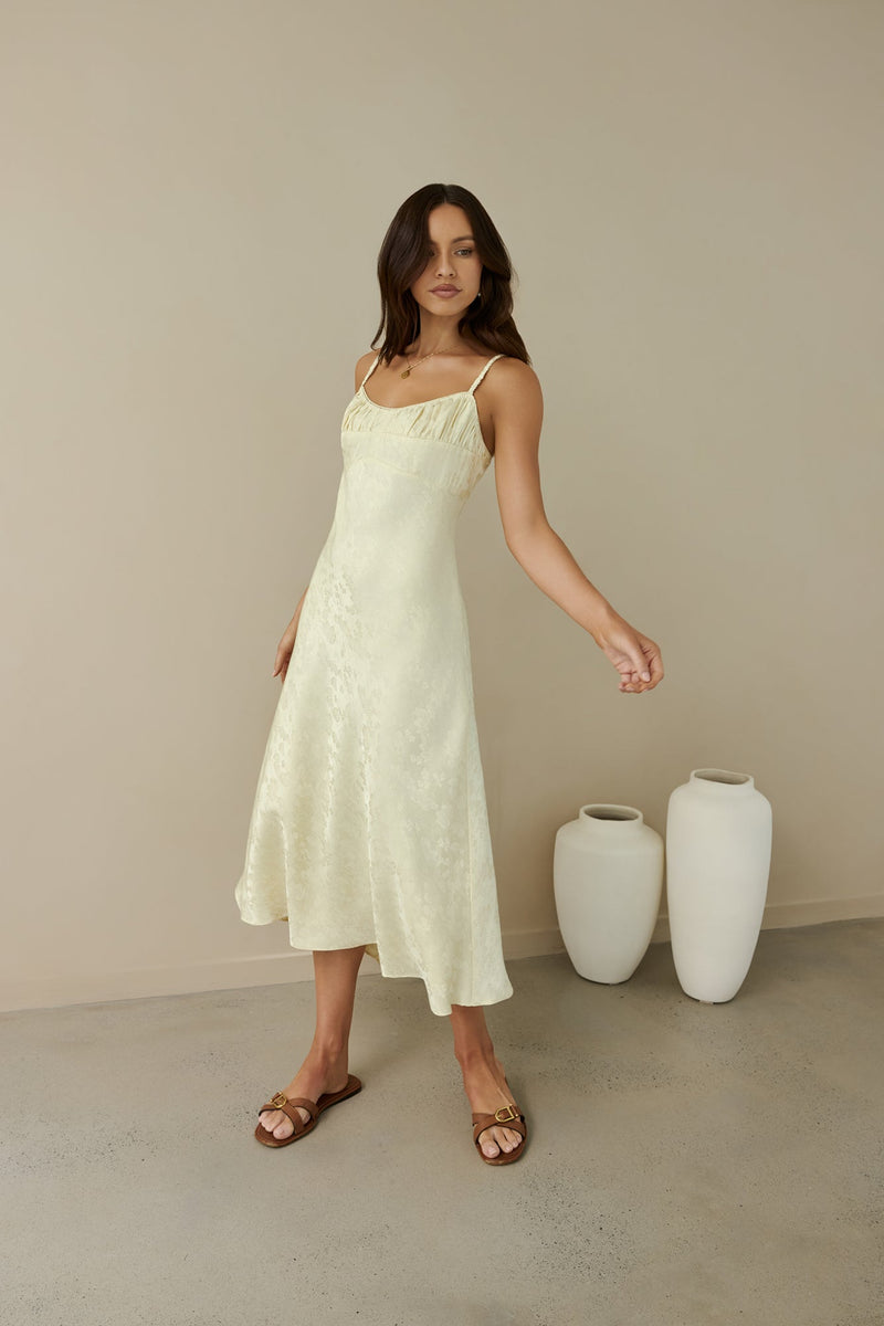 Kaiya Jacquard Satin Midi Dress Yellow
