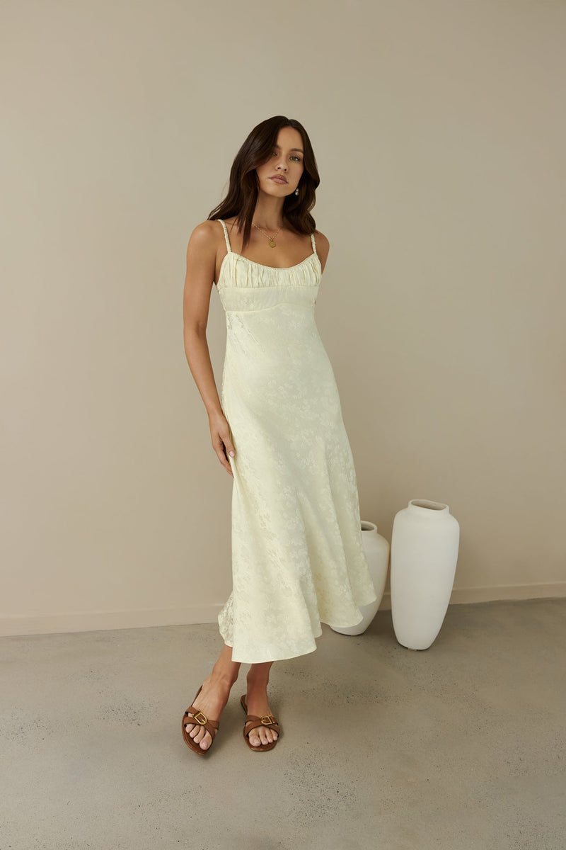 Kaiya Jacquard Satin Midi Dress Yellow
