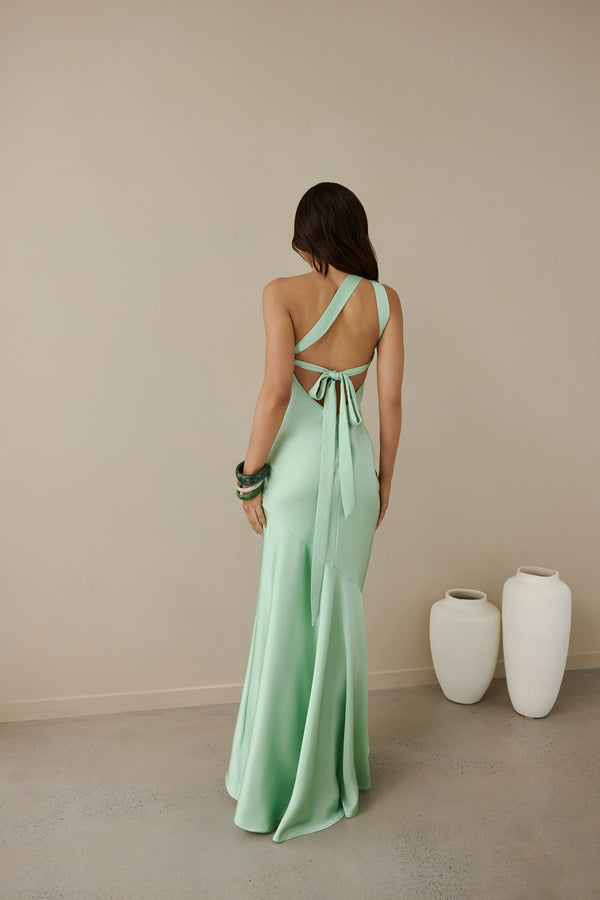 Champagne Chat One Shoulder Maxi Dress Green