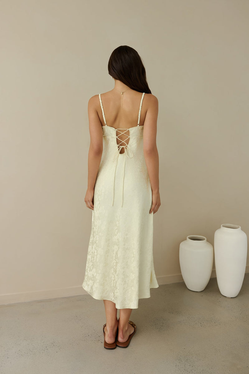 Kaiya Jacquard Satin Midi Dress Yellow