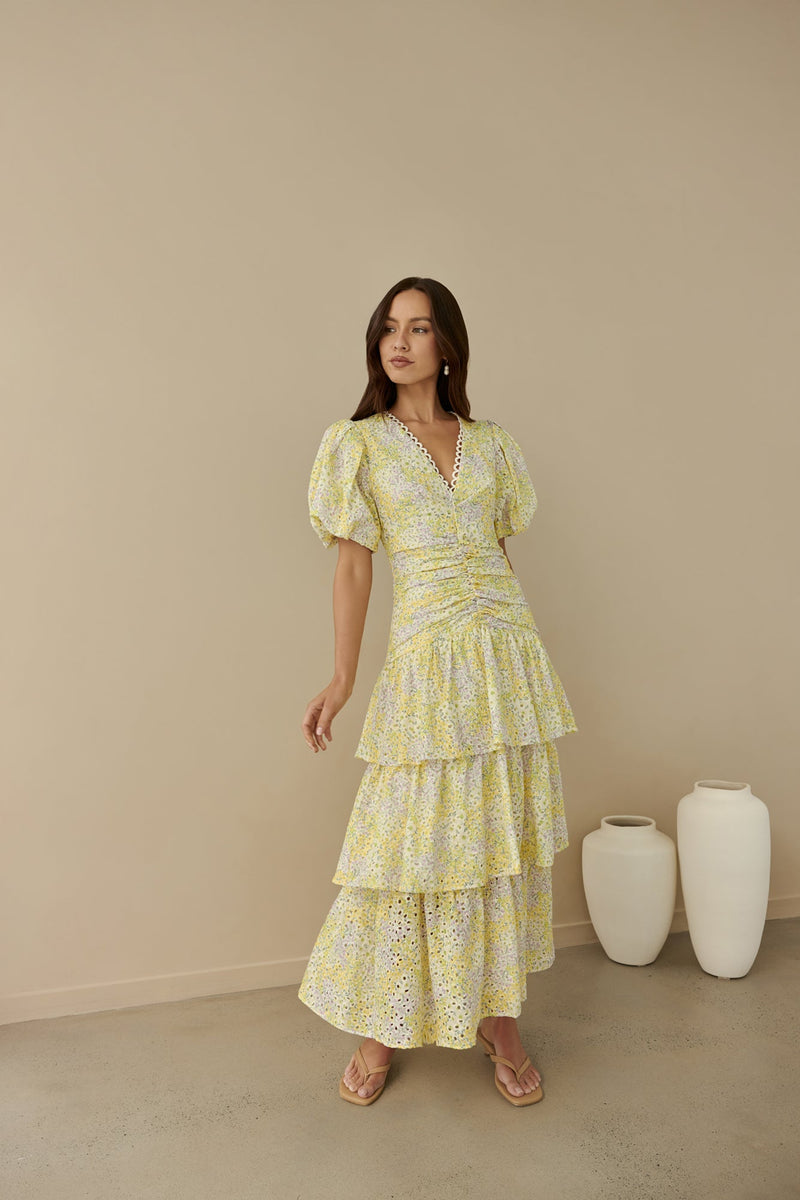 Corinna Tiered Maxi Dress Lemon