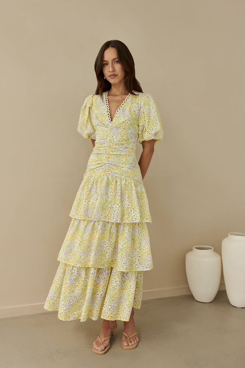 Corinna Tiered Maxi Dress Lemon