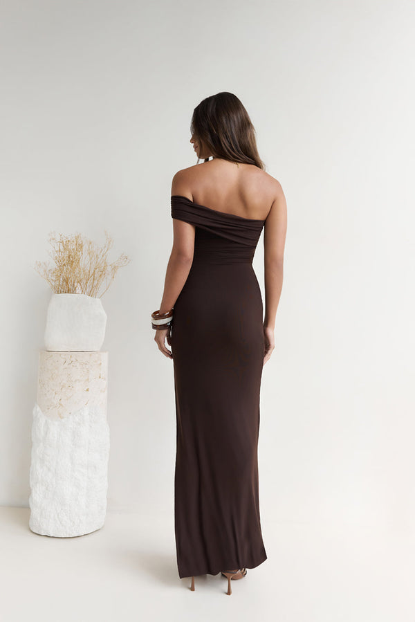 Siren Song One Shoulder Mesh Maxi Dress Espresso