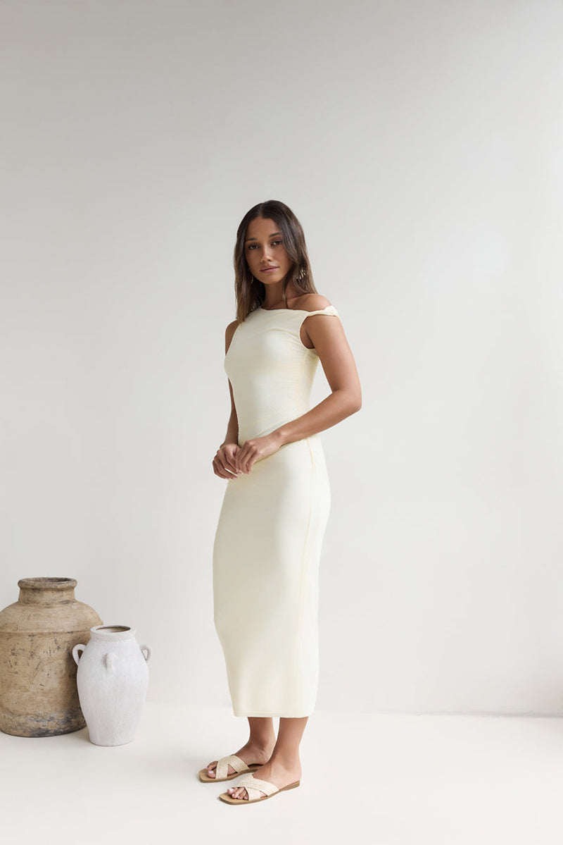 Moonlit Moments Off Shoulder Mesh Maxi Dress Yellow