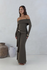 The Getaway Edit Off Shoulder Maxi Dress Olive