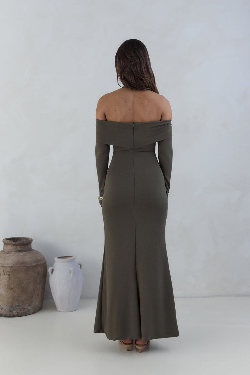 The Getaway Edit Off Shoulder Maxi Dress Olive
