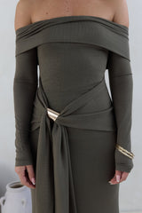The Getaway Edit Off Shoulder Maxi Dress Olive