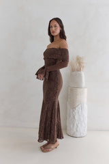 Here For Love Off Shoulder Mesh Maxi Dress Chocolate