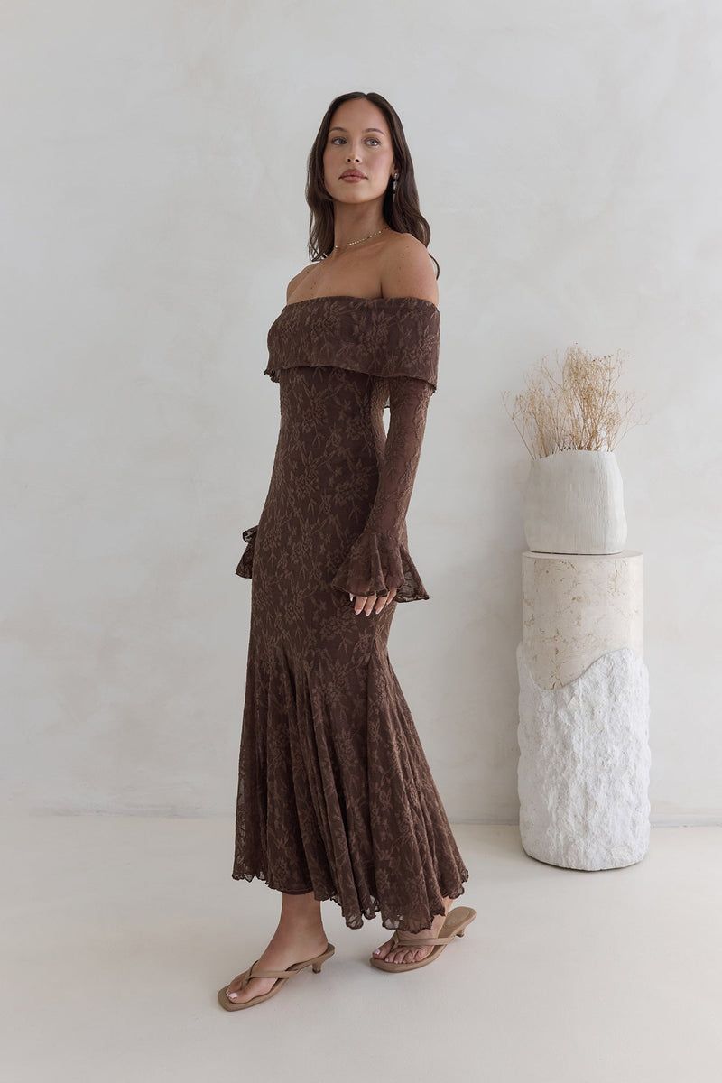 Here For Love Off Shoulder Mesh Maxi Dress Chocolate