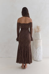 Here For Love Off Shoulder Mesh Maxi Dress Chocolate