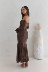 Here For Love Off Shoulder Mesh Maxi Dress Chocolate
