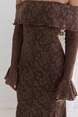 Here For Love Off Shoulder Mesh Maxi Dress Chocolate