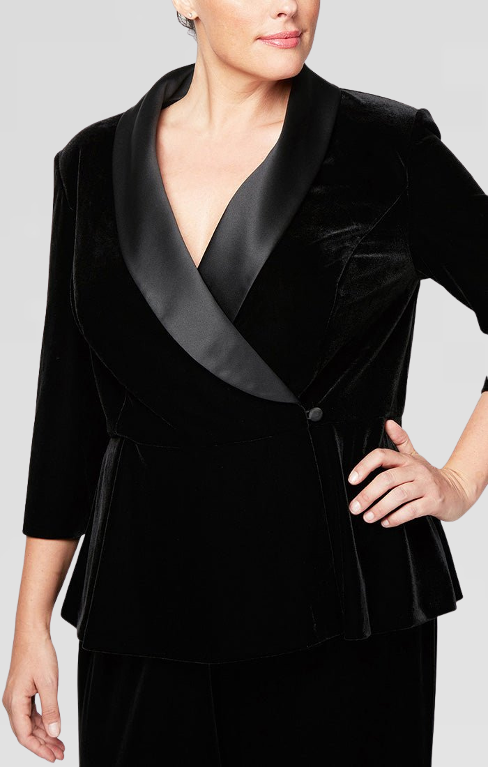 Plus 3/4 Sleeve Side Closure Velvet Blouse with Modified Peplum and Satin Collar