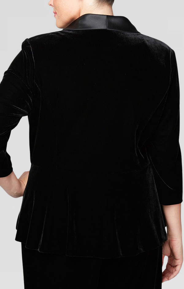 Plus 3/4 Sleeve Side Closure Velvet Blouse with Modified Peplum and Satin Collar