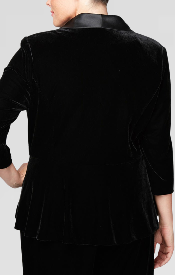 Plus 3/4 Sleeve Side Closure Velvet Blouse with Modified Peplum and Satin Collar