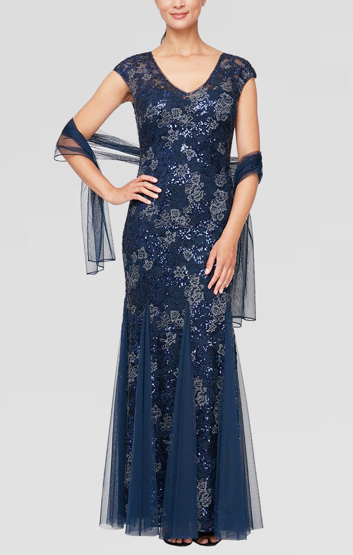 Petite Cap Sleeve Embroidered Fit and Flare Dress with Godet Detail Skirt & Shawl