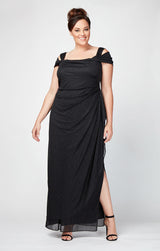 Cold Shoulder Glitter Mesh Dress with Draped Skirt & Cowl Neckline