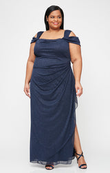 Cold Shoulder Glitter Mesh Dress with Draped Skirt & Cowl Neckline