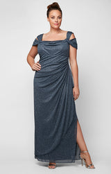 Cold Shoulder Glitter Mesh Dress with Draped Skirt & Cowl Neckline