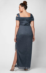 Cold Shoulder Glitter Mesh Dress with Draped Skirt & Cowl Neckline