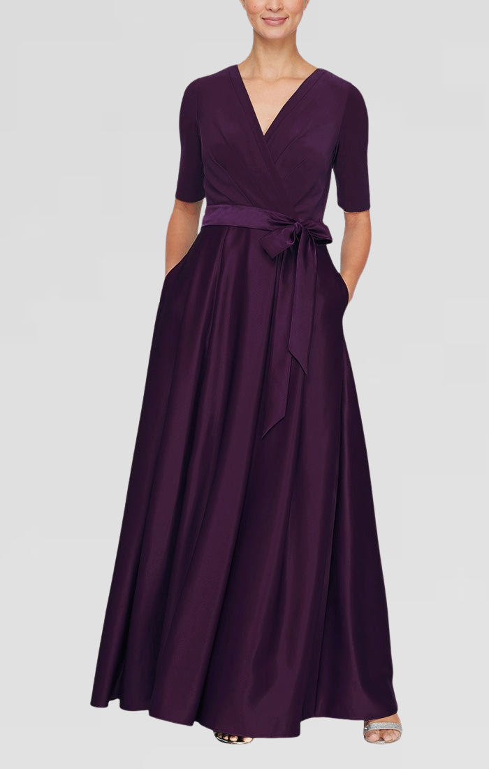 Petite Surplice Neckline Ballgown with Full Satin Skirt & Jersey Bodice