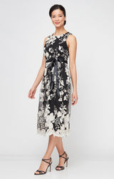 Sleeveless Embroidered Party Dress with Full Skirt & Satin Tie Belt