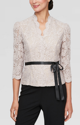 3/4 Sleeve Blouse with Scallop Front Detail and Tie Belt