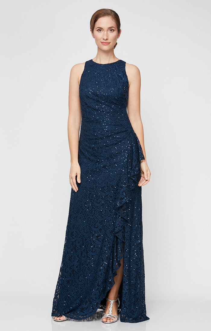 Regular - Long Sleeveless Lace Dress with Cascade Ruffle Front Slit Detail