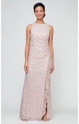 Long Sleeveless Lace Dress with Cascade Ruffle Front Slit Detail