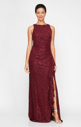 Regular - Long Sleeveless Lace Dress with Cascade Ruffle Front Slit Detail