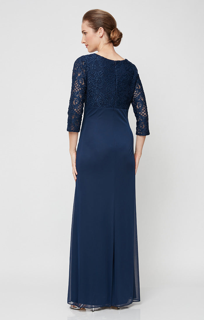 Long A-Line Empire Waist Lace & Mesh Dress with Surplice Neckline, Beaded Ruched Detail Cascade Skirt & Illusion Sleeves