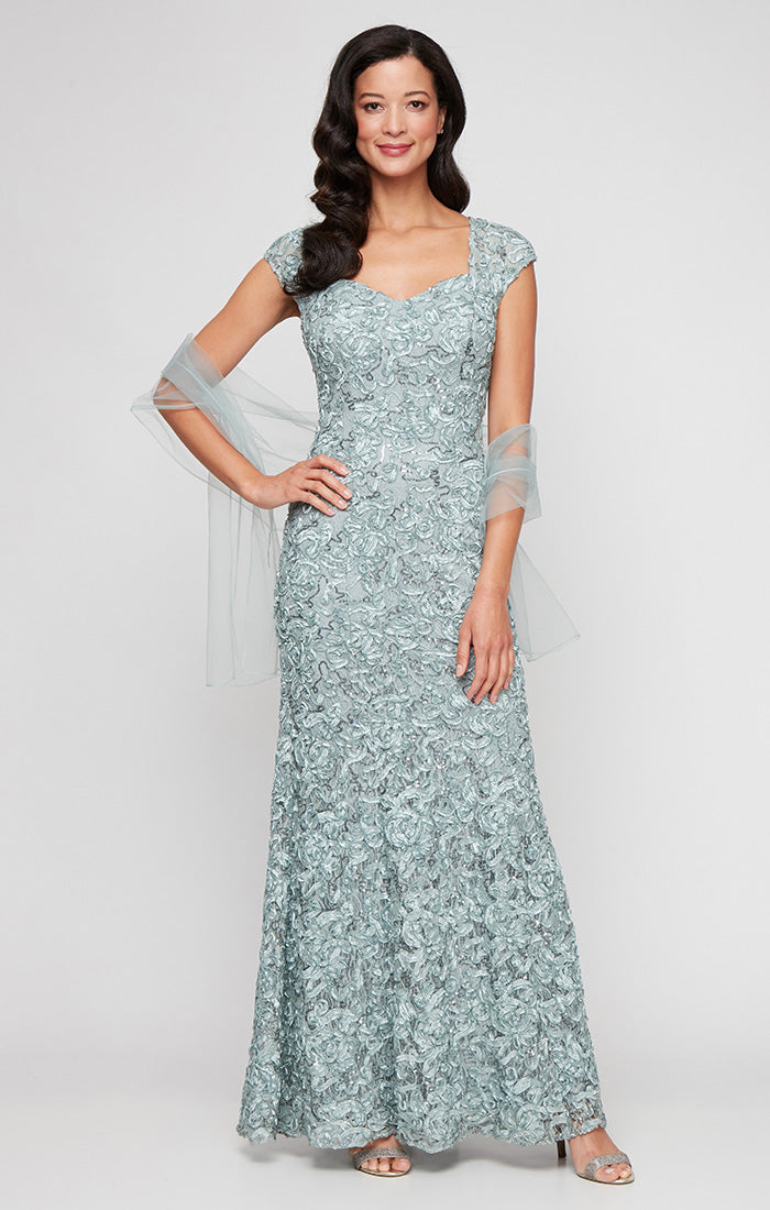 Long Soutache Sweetheart Neckline Dress with Cap Sleeves and Tulle Shawl