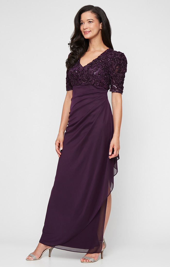 Long Empire Waist Dress with Soutache Bodice, Puff Sleeve Detail and Cascade Ruffle Skirt
