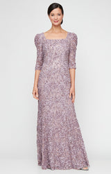 Long Square Neck Sequin Soutache Lace Gown with Puff Shoulder Detail
