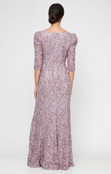 Long Square Neck Sequin Soutache Lace Gown with Puff Shoulder Detail