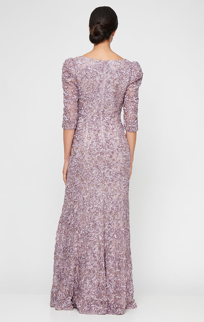 Long Square Neck Sequin Soutache Lace Gown with Puff Shoulder Detail