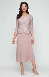 Regular - Tea-Length Soutache Dress with Center Front Button Jacket and Chiffon Skirt