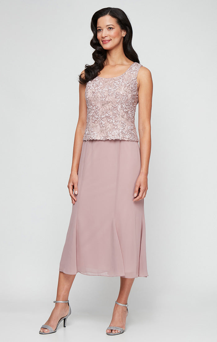 Regular - Tea-Length Soutache Dress with Center Front Button Jacket and Chiffon Skirt